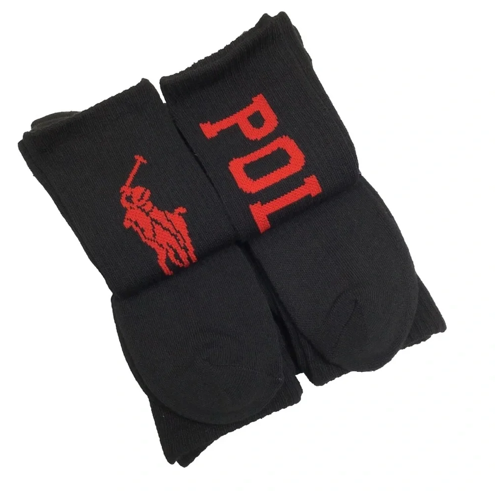 Polo Ralph Lauren 6 Pack Boys Socks Size 9-11 Black Red Pony Logo Crew Athletic